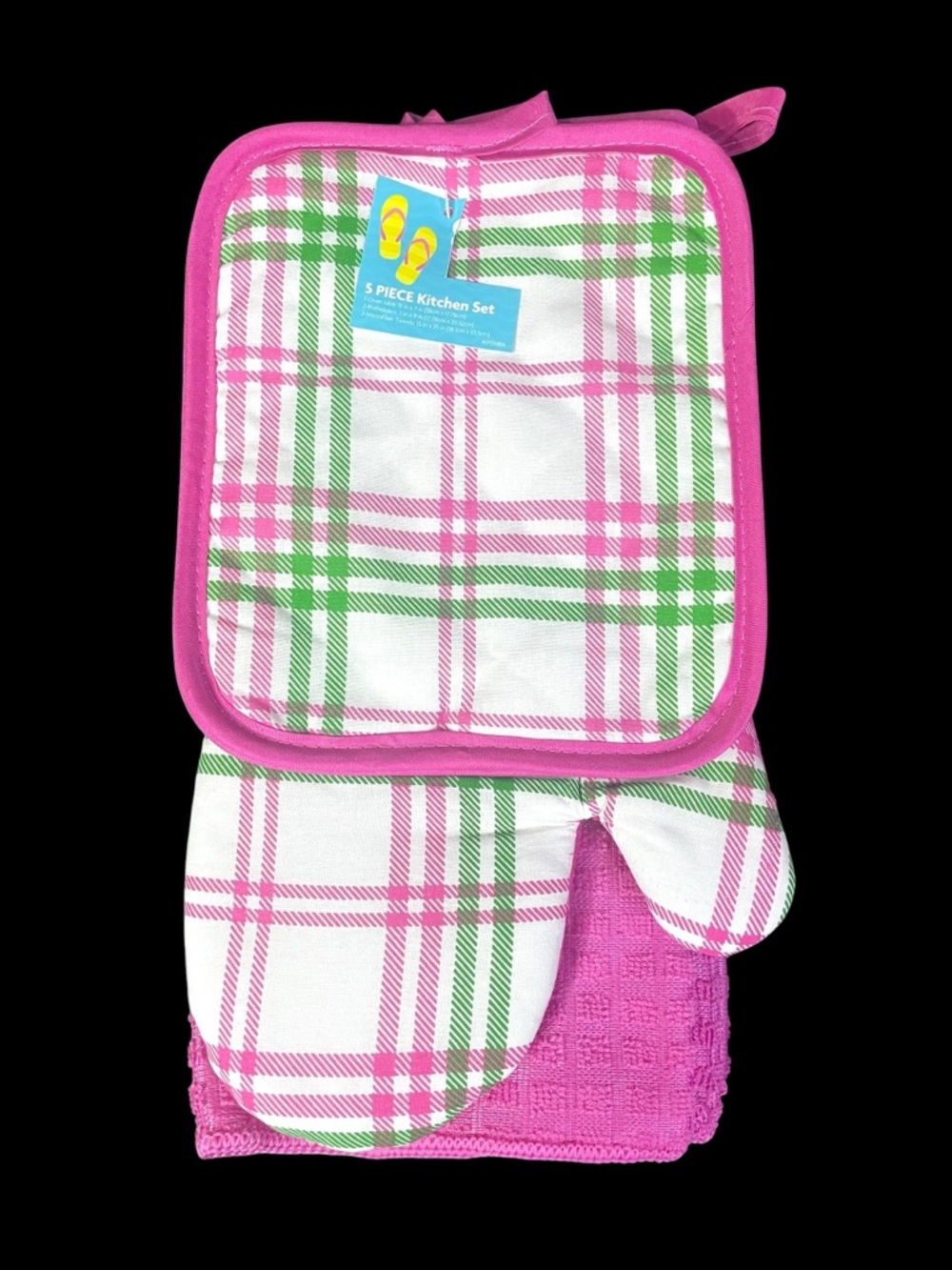 5pc Plaid Kitchen Set Mitt Potholders Towels White Pink Green Summer NEW NWT